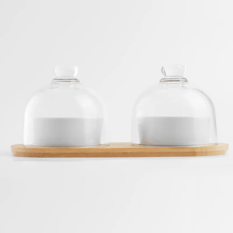 Тіскебасар жинағы, 4 зат, стендте, керамика / бамбук, ақ, қақпағы бар тостағандар, Bamboo, image-2