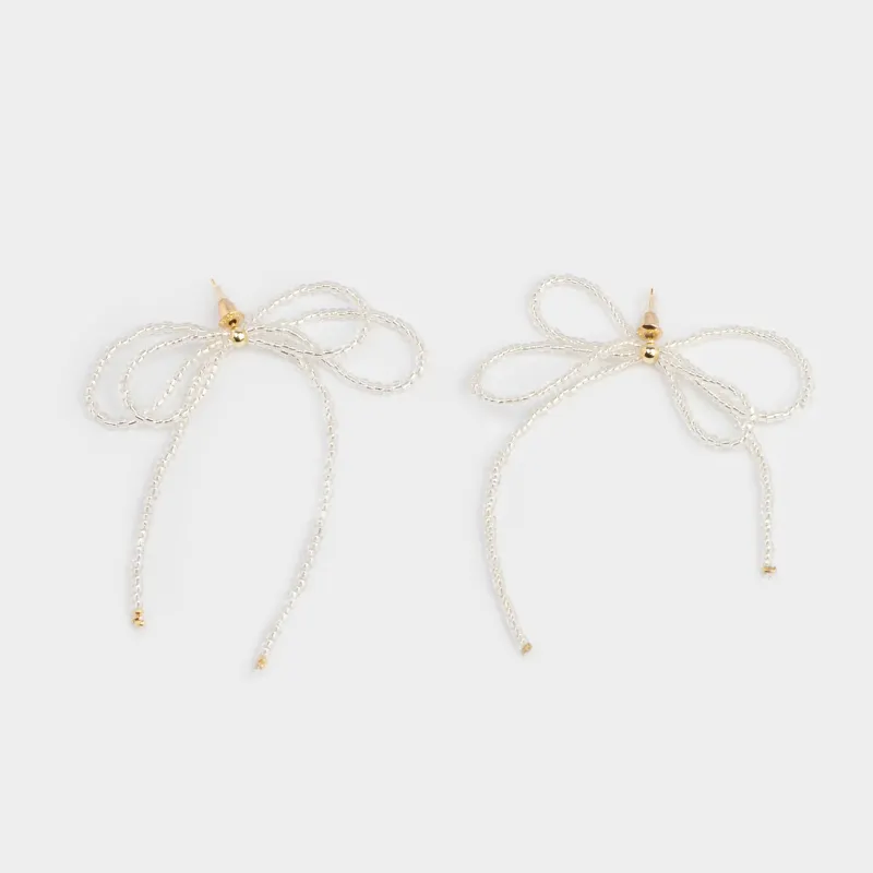 Серьги, 6 см, 2 шт, стекло/металл, белые, Бантик, Pearl