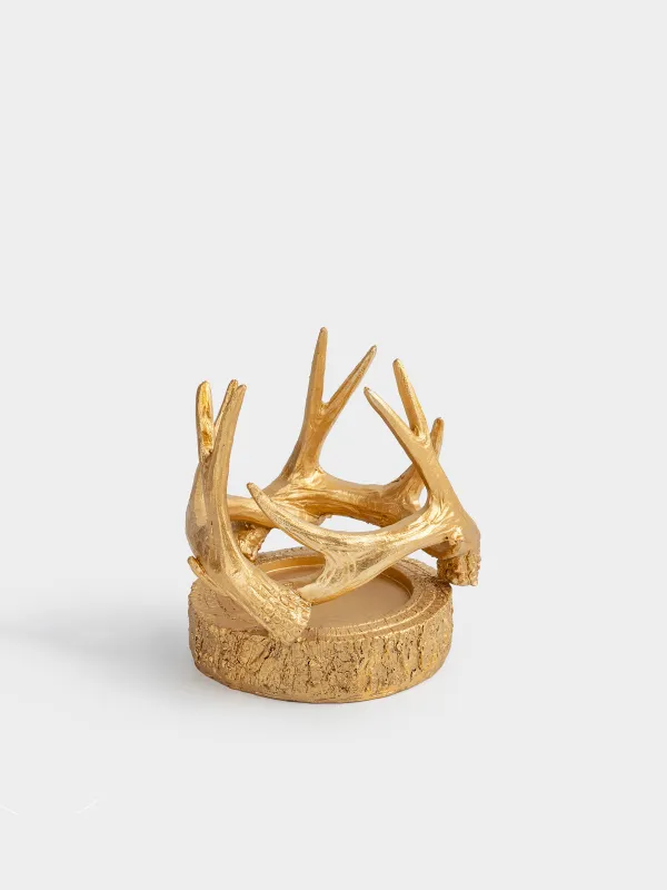 Шам ұстағыш, 12 см, цилиндрлік шамға арналған, полирезин, алтын, Бұғы мүйізі, Deer gold, image-0