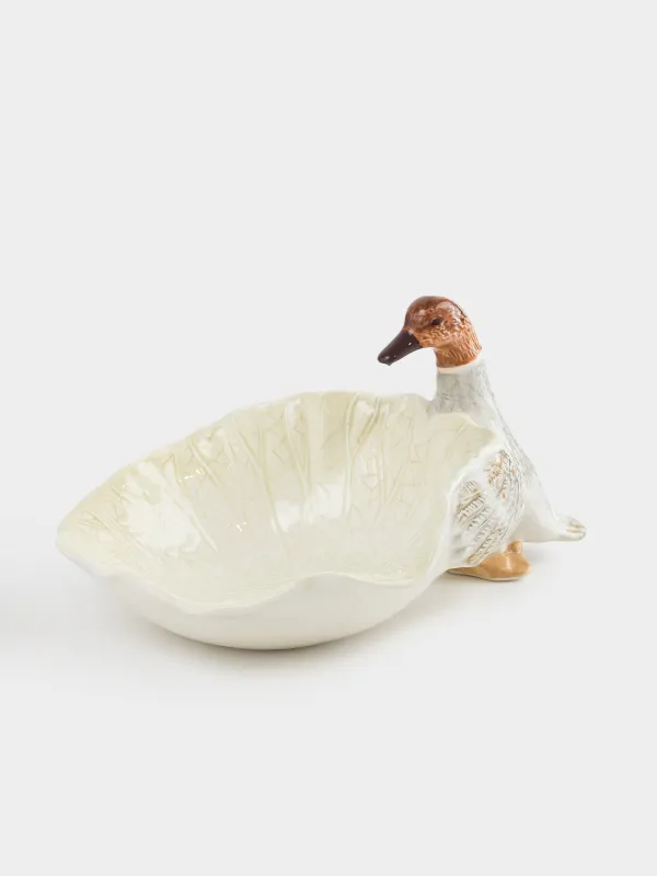 Ыдыс, терең, 20х14х18 см, керамика, ақ-сұр, Үйрек пен жапырақ, Duck, image-0