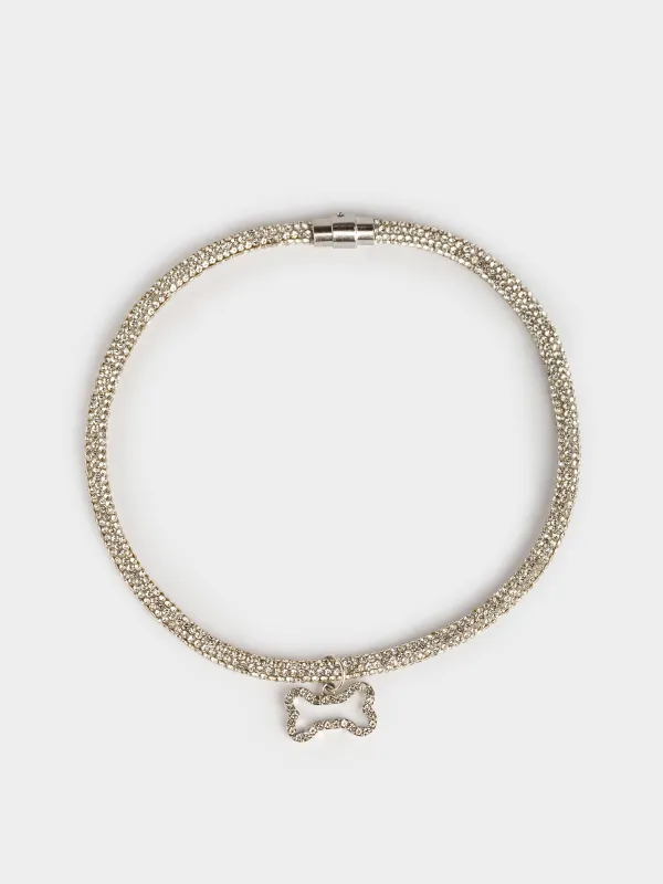 Ошейник для животных, 40 см, декоративный, металл/стразы, серебристый, Кость, Crystal pet, image-0