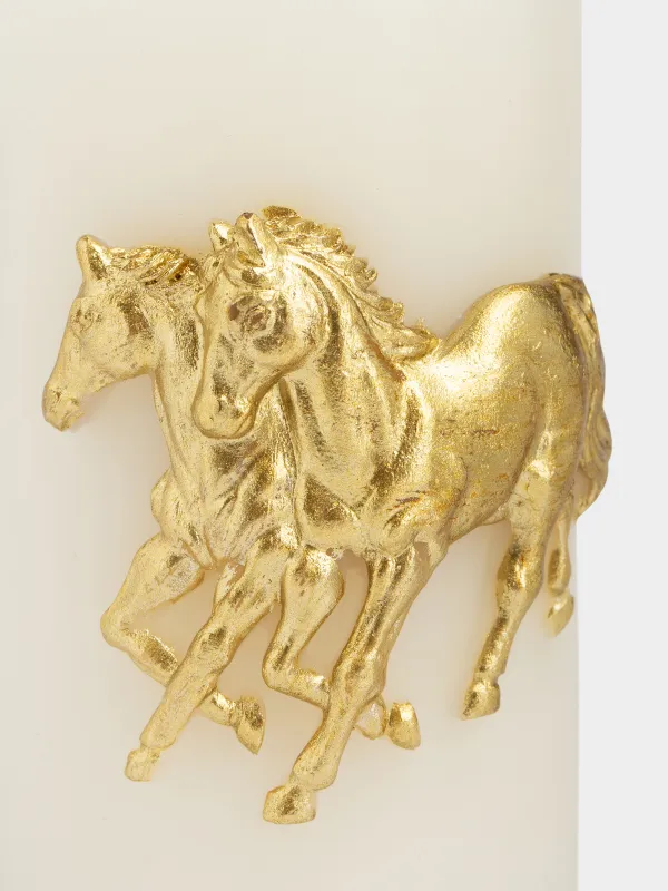 Свеча, 6х10 см, цилиндрическая, молочная, Золотистые лошади, Horse gold, image-3