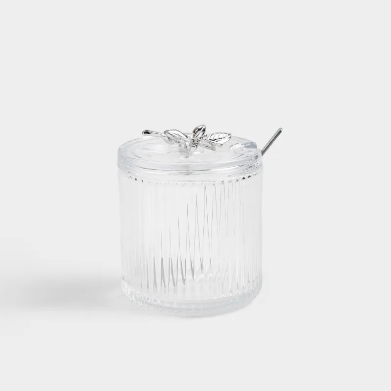 Қант ыдысы, 9,5х12 см, 400 мл, қасығы бар, шыны/металл, Күміс гүлдер, Ribby silver