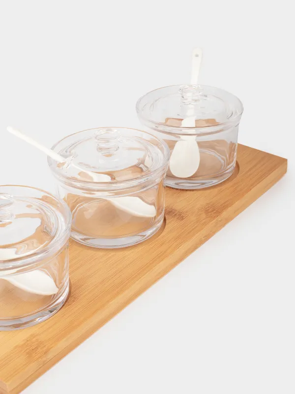 Джем / қант вазасы, 180 мл, 3 дана, қасықпен, стендте, шыны / бамбук / керамика, бамбук, image-1