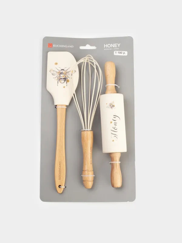 Набор для выпечки, 3 пр, лопатка/венчик/скалка, силикон/дерево, бежевый, Шмель, Honey, image-4