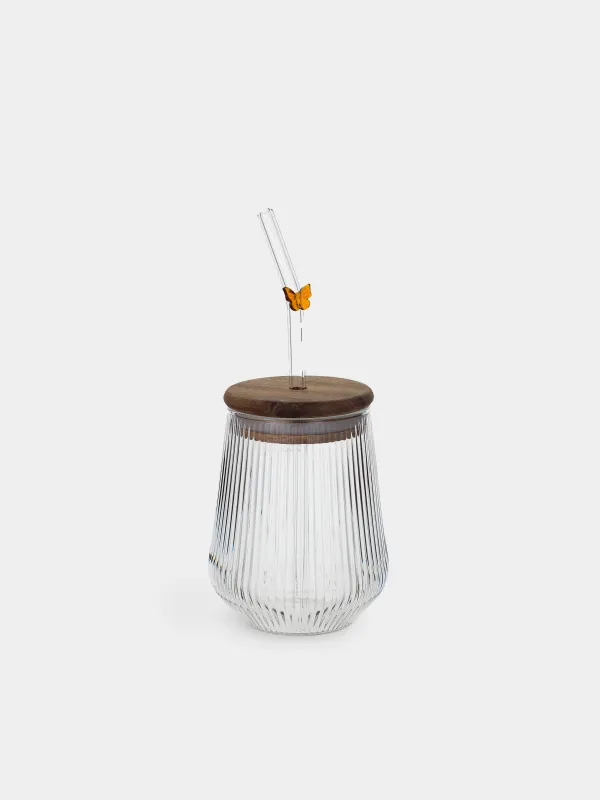 Банка для напитков, 440 мл, с трубочкой, Бабочка, Ribby wood, image-0