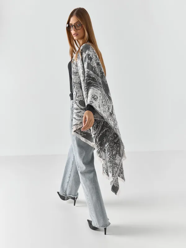 Пончо, 125х160 см, жиектері бар, екі жақты, полиэстер, сүт түстес сұр, Графикалық бақ, Poncho, image-2