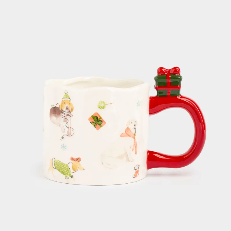 Саптыаяқ, 350 мл, керамика, сүтті қызыл, Сыйлықтары бар иттер, Christmas dog