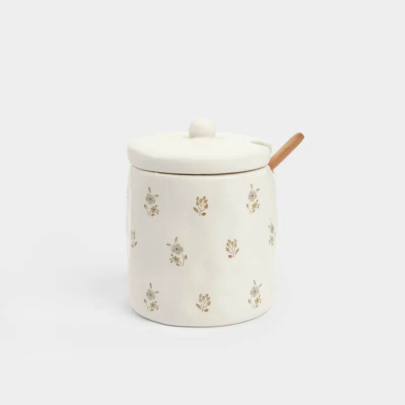 Қант ыдысы, 11 см, 370 мл, қасықпен, керамика / ағаш, сүт түстес, ескірген гүлдер, la flore