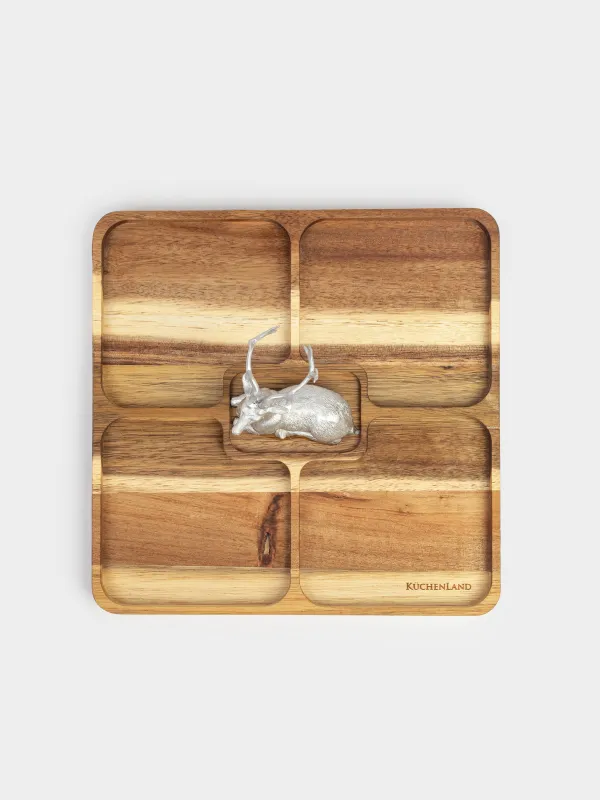 Менажница, с декором, 25х25 см, 4 отд, дерево/полирезин, Олень, Noble tree, image-1