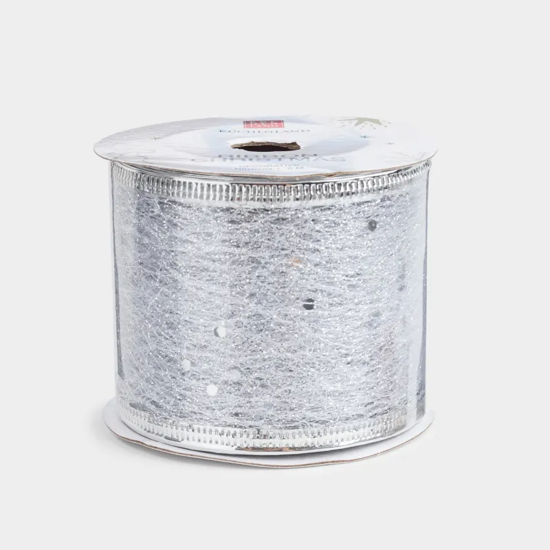 Сәндік таспа, 5 м, иілімді, полиэстер, күміс, Жылтыр өрмекші торы, Ribbon christmas