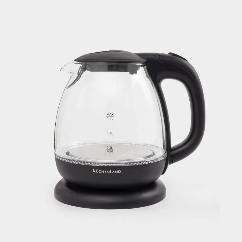 Электр шайнек, 1 л, 900-1100 Вт, шыны Б/пластик, жарықпен, қара, Progress plus