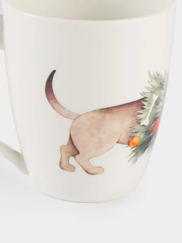 Кружка, 320 мл, фарфор N, белая, Такса с елкой, Christmas dog, image-3