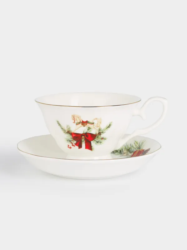 Шай жұбы, 1 адам, 2 зат, 180 мл, фарфор F, ақ, Банты бар жылқы, Christmas miracle classic, image-0