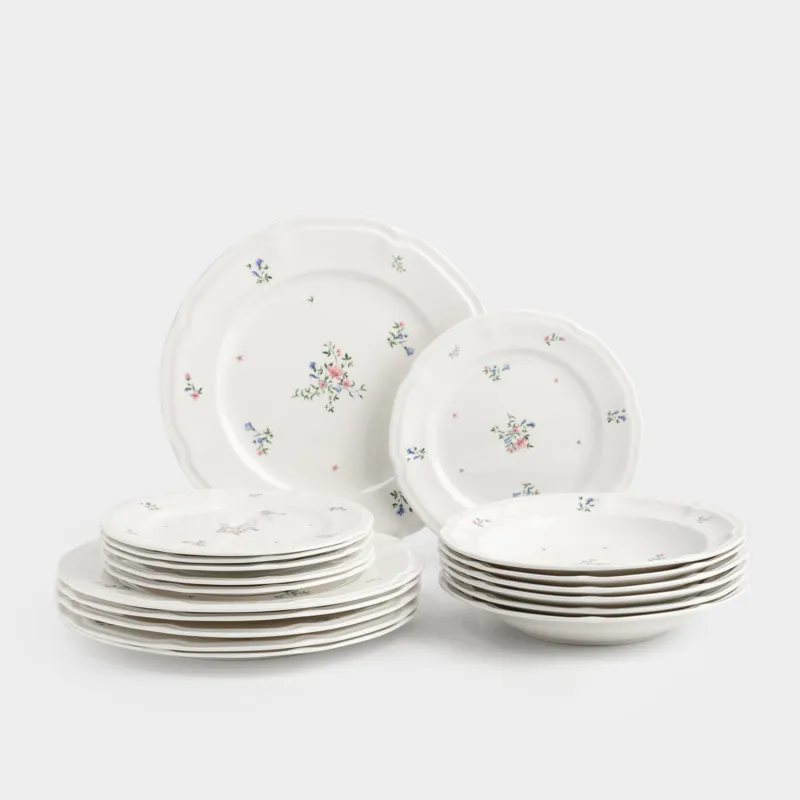 Ас сервизі, 6 адам, 18 зат, фарфор N, ақ, Нәзік гүлдер, El floria