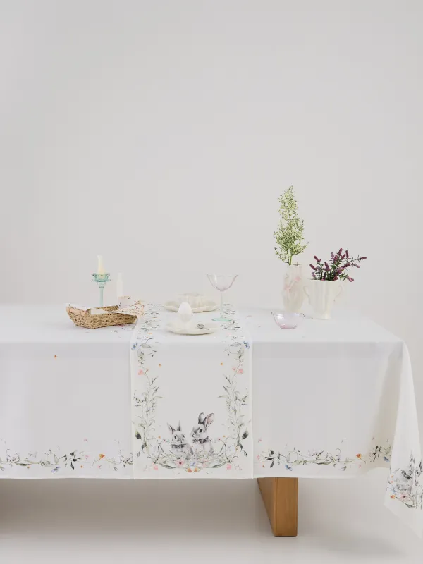 Дорожка настольная, 40х160 см, полиэстер, белая, Кролики и цветы, Rabbits in flower, image-7