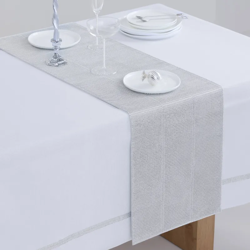 Дорожка настольная, 40х160 см, со стразами, полиэстер/полипропилен, серебристая, Rhinestones