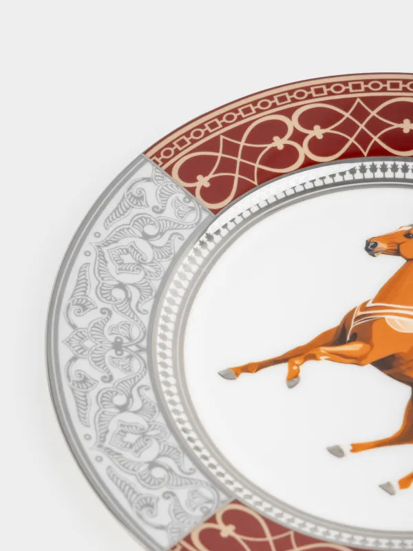 Тіскебасар тәрелкесі, 21 см, фарфор F, ақ және қою қызыл, күміс жиектері бар, Жылқы, Breton horse, image-3