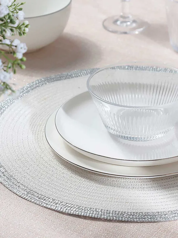 Салфетка под приборы, 38 см, полиэстер, круглая, белая, Серебристая кайма, Rotary rim, image-3