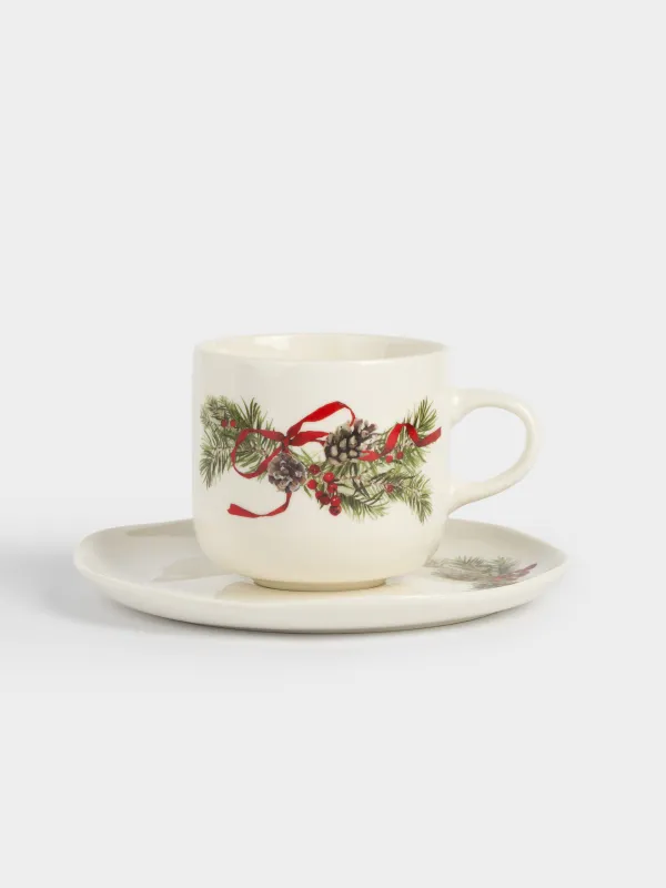 Шай жұбы, 1 адам, 2 зат, 250 мл, фарфор N, ақ, дақты, Шырша бүршіктері мен шетен, Rowan delice, image-0