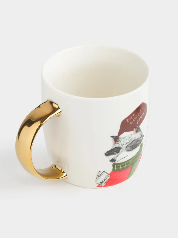 Кружка, 380 мл, фарфор N, бело-золотистая, Енот и еж, Forest animals, image-1
