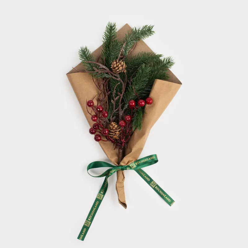 Букет декоративный, 42 см, в крафте, пластик, Шишки с красными ягодами, Red berry