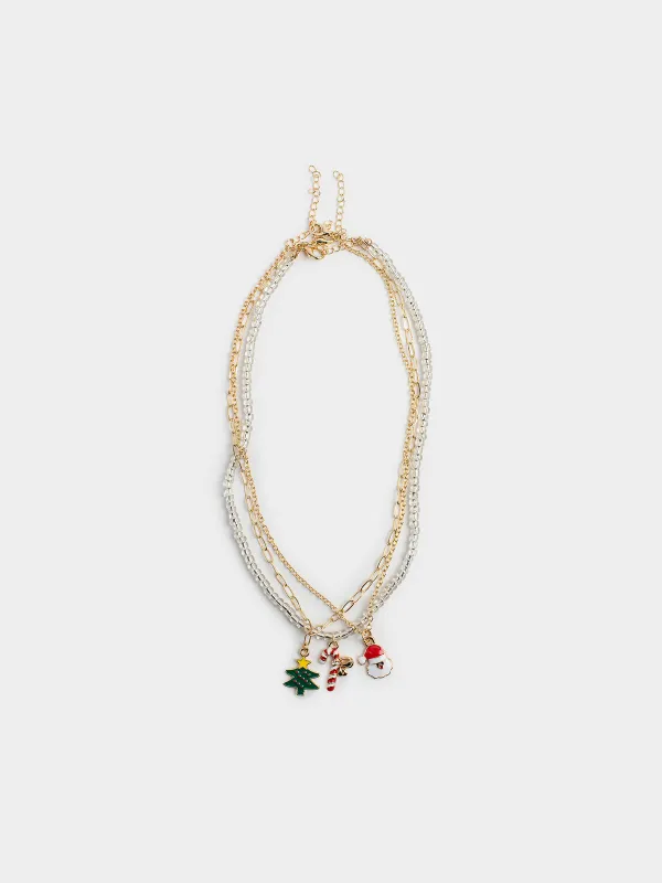 Цепочка, 40 см, 3 шт, детская, металл/стекло, золотистая/серебристая, Jewelry christmas, image-0