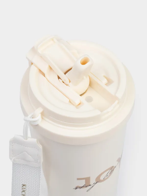 Термокружка, 500 мл, клапан/трубочка, с ремешком, сталь/пластик, бежево-золотистая, Ballad, image-2