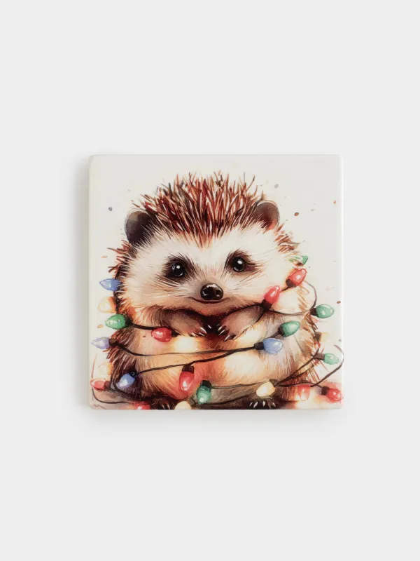 Подставка под кружку, 11х11 см, квадратная, керамика/пробка, белая, Ежик, Hedgehog christmas, image-0