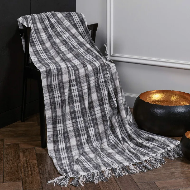 Плед, 130х170 см, с бахромой, шенилл, бело-серый, Клетка, Hazel