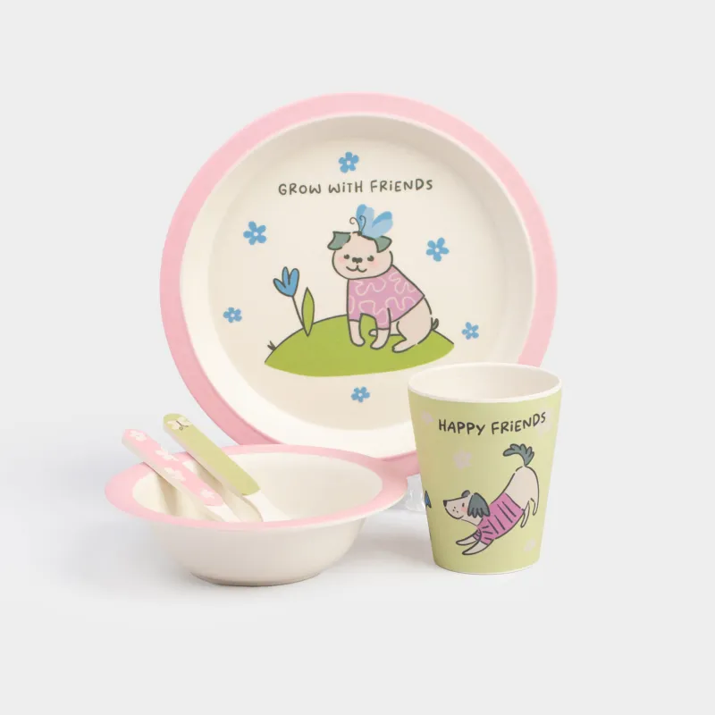 Ыдыс-аяқ жинағы, балаларға арналған, 1 адам, 5 зат, бамбук, қызғылт-жасыл, Иттер, Pretty friends