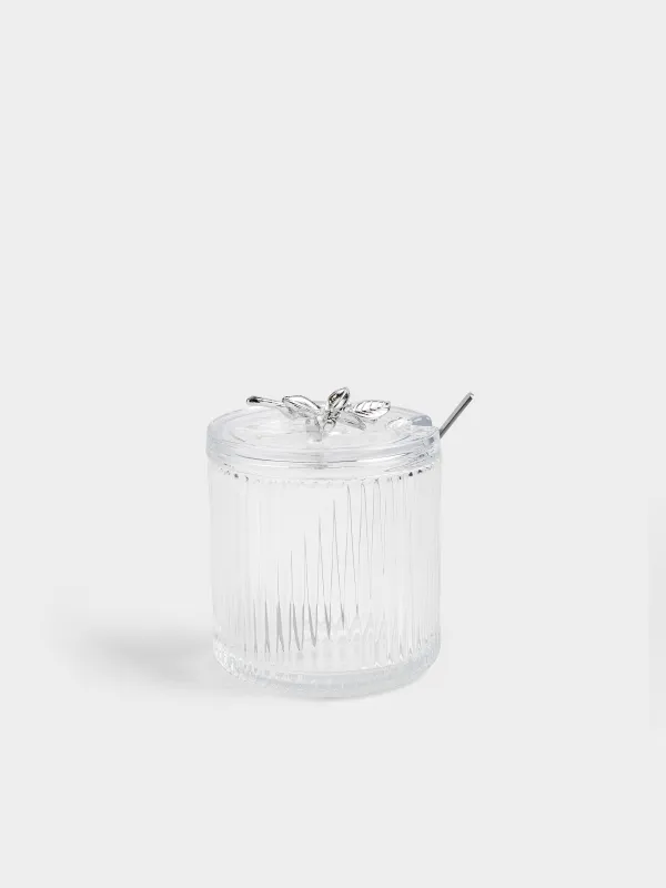 Сахарница, 12 см, 400 мл, с ложкой, стекло/металл, Серебристые цветы, Ribby silver, image-0