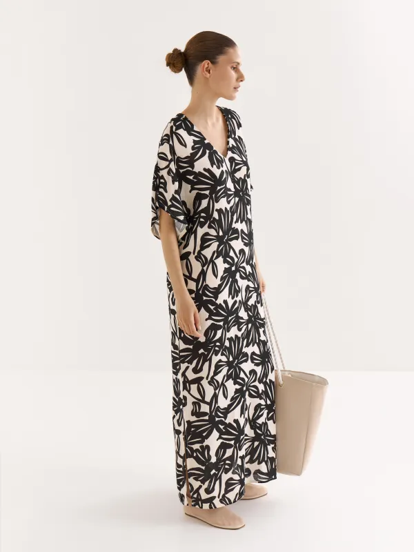 Әйелдер көйлегі, макси, өлшемі S, қысқа жеңді, вискоза, сарғылт-қоңыр және қара, Гүлдер, Almi, image-4