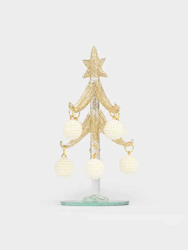 Статуэтка, 15 см, с подвесками, стекло, золотистая, Ель с шишками, Christmas vitreous, image-1