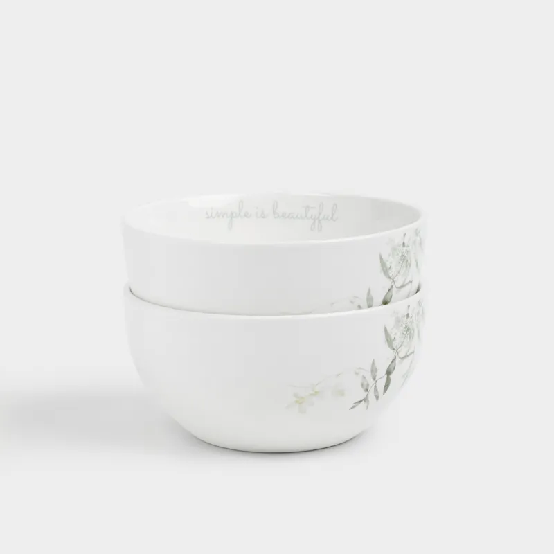 Пиала, 14x8 см, 620 мл, 2 шт, фарфор P, белая, Цветы и листья, Rareness flower