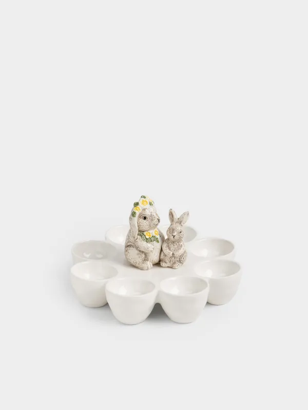 Пасха ыдысы, 20x20 см, 8 бөлім, фарфор P, ақ және сарғылт-қоңыр, Гүлдер арасындағы қояндар, Easter, image-0