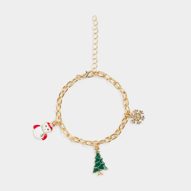 Білезік, 8 см, кулондары бар, металл, алтын, шырша және аққала, Jewelry christmas