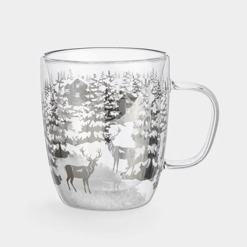Кружка, 380 мл, стекло Б, со снегом внутри, Олень в лесу, Air decor