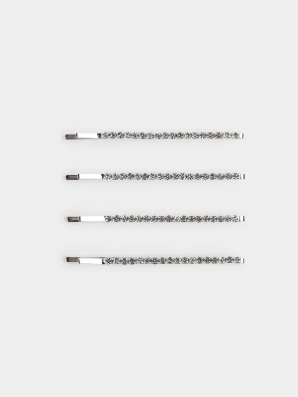 Шаш қыстырғыш, 6 см, 4 дана, шыны/металл, күміс түстес, Hair crystal, image-0