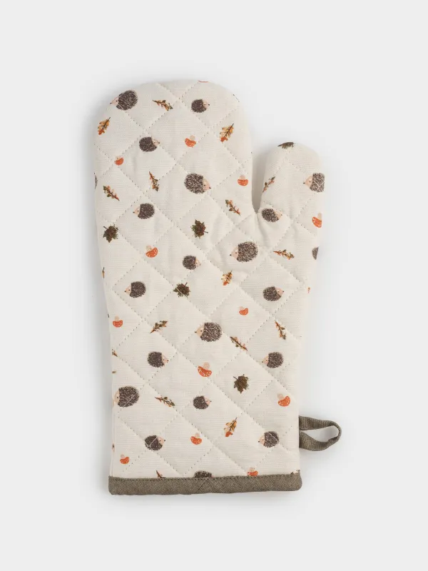 Ыдыс ұстағыш-қолғап, 17х33 см, мақта, сарғылт-қоңыр, Кірпі, жапырақтар мен саңырауқұлақтар, Autumn hedgehog, image-0