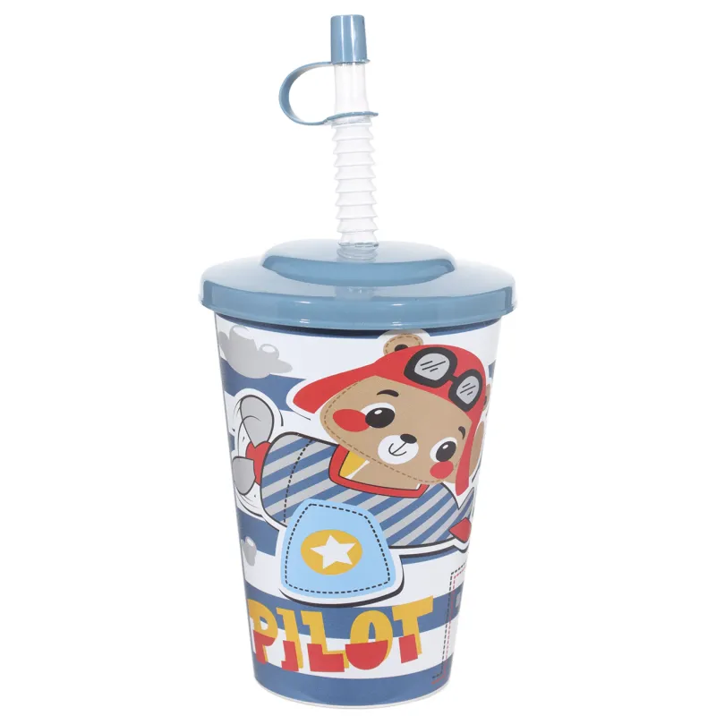 Балаларға арналған стақан, 12 см, 500 мл, қақпағы мен түтігі бар, пластик, ақ және көк, Ұшқыш аю, Childhood, image-0