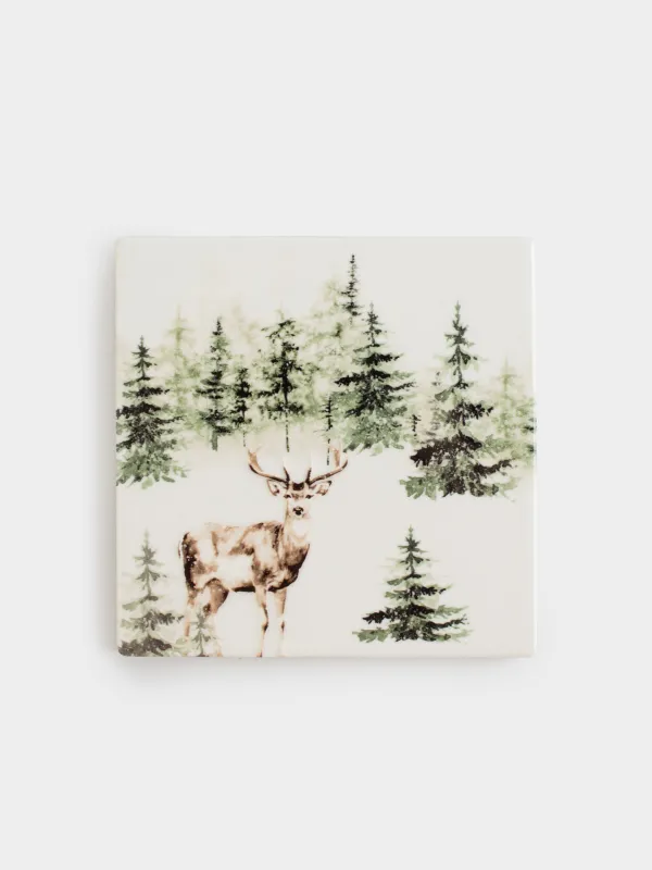 Подставка под кружку, 11х11 см, квадратная, керамика/пробка, Олень в лесу, Woodland story, image-0