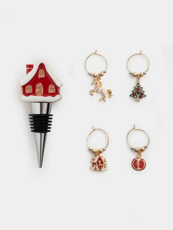 Шарап бөтелкесінің тығыны, салпыншақтары бар, 5 дана, металл/страздар, Үй, Christmas house, image-0