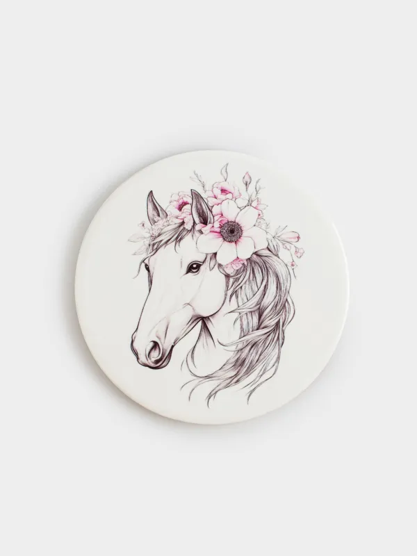 Подставка под кружку, 11 см, круглая, керамика/пробка, белая, Лошадь в венке, Horse in flowers, image-0