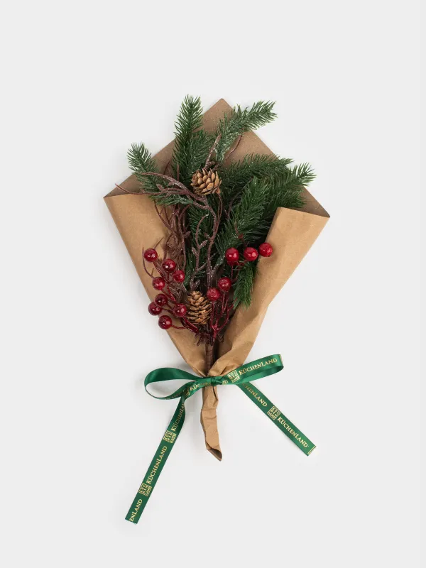 Букет декоративный, 42 см, в крафте, пластик, Шишки с красными ягодами, Red berry, image-0
