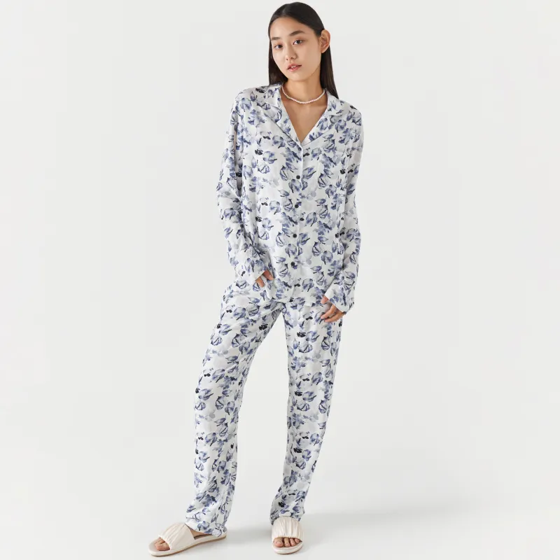 Әйелдерге арналған шалбар, үйге арналған, өлшемі L, вискоза, ақ және көк, Жапырақтар, Lori