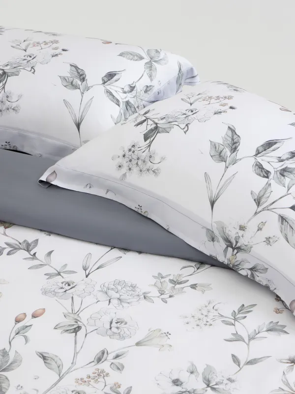 Төсек жиынтығы, еуро, тенсель 300 ТС, ақ және сұр, Гүлдер мен жидектер, Tencel, image-1