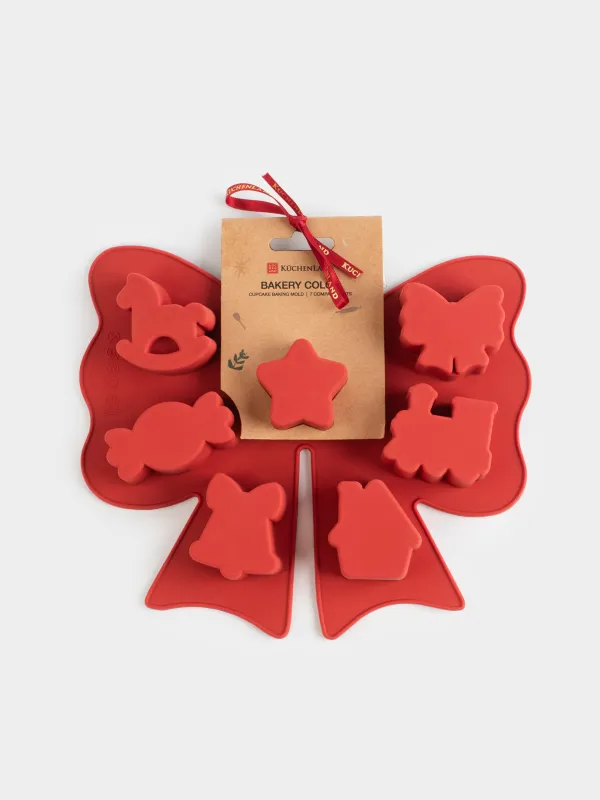 Форма для выпечки кексов, 18х21 см, 7 отд, силикон, красная, Бант, Bakery color, image-4