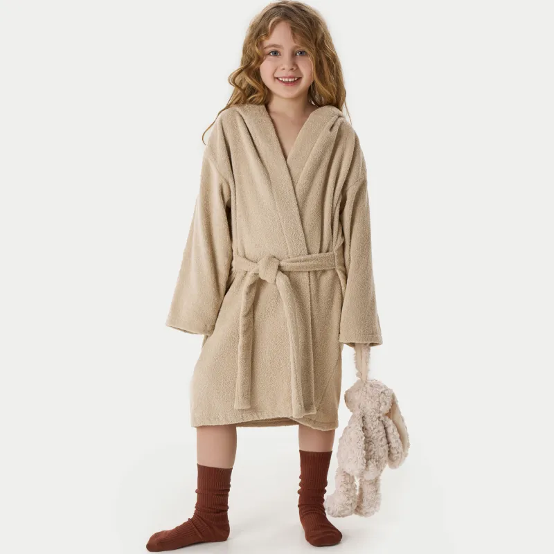 Балалар халаты, өлшемі 110-122 см, ұзын жеңді, капюшоны бар, мақта, сарғылт-қоңыр, Құлақшалар, Teddy