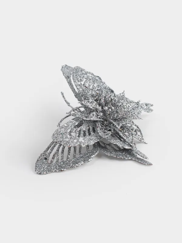 Сәндік әшекей, 16 см, қыстырғышта, пластик, күміс, Гүлі бар көбелек, Flower decor, image-1